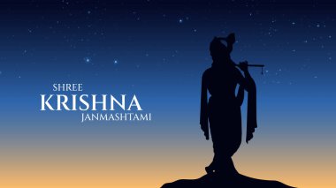 Renkli arkaplan silueti soyut vektör tasarımı ile mutlu Janmashtami. Krishna Janmashtami için illüstrasyon Mutlu Janmashtami Lordu Krishna Flüt Çalıyor.