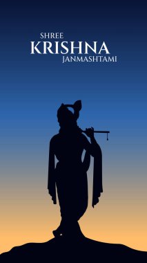 Renkli arkaplan silueti soyut vektör tasarımı ile mutlu Janmashtami. Krishna Janmashtami için illüstrasyon Mutlu Janmashtami Lordu Krishna Flüt Çalıyor.