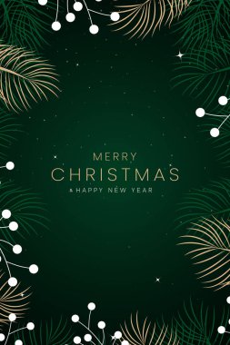 Mutlu Noeller ve mutlu yıllar. Altın Noel ağacı arkaplanlı tebrik kartı ya da davetiye şablonu. Lüks noel davetiyesi sanat deco tasarım vektörü.