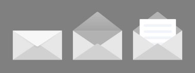 Beyaz zarflar mühürlü, içi boş ve içinde gri arka planda izole edilmiş bir kağıt var. Tasarımın için boş zarflar. Vektör zarfları şablonu.