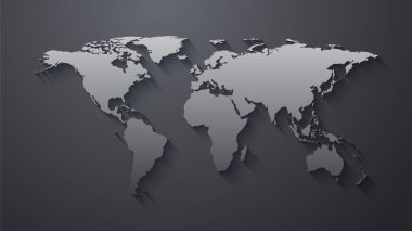 3D Dünya Harita Şablonu. 3D Wolrd Haritası Eğitim, Bilim, Web Sunumları Tasarımı. Gerçekçi Vektör İllüzyonu. Gerçekçi derinlik etkisi vektör illüstrasyonlu 3B dünya haritası.