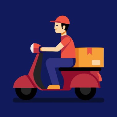 Paketi teslim etmek için scooter kullanan bir adam. Motosikletli teslimatçı çocuk ikonu yemek kutusu vektör sanat tasarımı resmi
