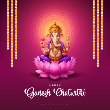 Ganesh Chaturthi hakkında Lord Ganpati. soyut vektör illüstrasyon tasarımı arka planı. Sanskritçe Tanrı Ganesh Mantra. Çeviri - Tanrım, kıvrımlı gövdesi olan, büyük gövdesi aura olan......
