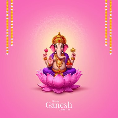 Ganesh Chaturthi hakkında Lord Ganpati. soyut vektör illüstrasyon tasarımı arka planı. Sanskritçe Tanrı Ganesh Mantra. Çeviri - Tanrım, kıvrımlı gövdesi olan, büyük gövdesi aura olan......