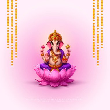 Ganesh Chaturthi hakkında Lord Ganpati. soyut vektör illüstrasyon tasarımı arka planı. Sanskritçe Tanrı Ganesh Mantra. Çeviri - Tanrım, kıvrımlı gövdesi olan, büyük gövdesi aura olan......