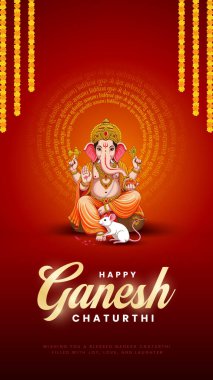 Ganesh Chaturthi hakkında Lord Ganpati. soyut vektör illüstrasyon tasarımı arka planı. Sanskritçe Tanrı Ganesh Mantra. Çeviri - Tanrım, kıvrımlı gövdesi olan, büyük gövdesi aura olan......