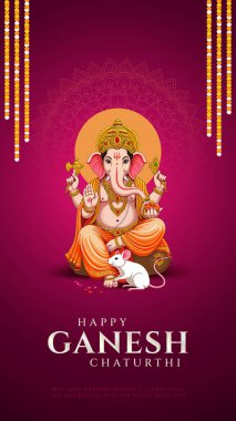 Ganesh Chaturthi hakkında Lord Ganpati. soyut vektör illüstrasyon tasarımı arka planı. Sanskritçe Tanrı Ganesh Mantra. Çeviri - Tanrım, kıvrımlı gövdesi olan, büyük gövdesi aura olan......