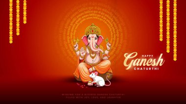 Ganesh Chaturthi hakkında Lord Ganpati. soyut vektör illüstrasyon tasarımı arka planı. Sanskritçe Tanrı Ganesh Mantra. Çeviri - Tanrım, kıvrımlı gövdesi olan, büyük gövdesi aura olan......