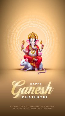 Ganesh Chaturthi hakkında Lord Ganpati. soyut vektör illüstrasyon tasarımı arka planı. Sanskritçe Tanrı Ganesh Mantra. Çeviri - Tanrım, kıvrımlı gövdesi olan, büyük gövdesi aura olan......