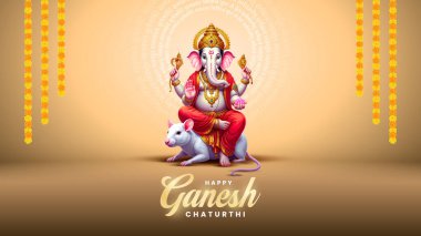 Ganesh Chaturthi hakkında Lord Ganpati. soyut vektör illüstrasyon tasarımı arka planı. Sanskritçe Tanrı Ganesh Mantra. Çeviri - Tanrım, kıvrımlı gövdesi olan, büyük gövdesi aura olan......