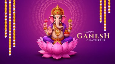 Ganesh Chaturthi hakkında Lord Ganpati. soyut vektör illüstrasyon tasarımı arka planı. Sanskritçe Tanrı Ganesh Mantra. Çeviri - Tanrım, kıvrımlı gövdesi olan, büyük gövdesi aura olan......