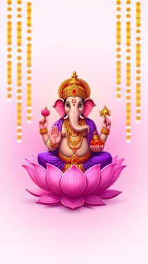 Ganesh Chaturthi hakkında Lord Ganpati. soyut vektör illüstrasyon tasarımı arka planı. Sanskritçe Tanrı Ganesh Mantra. Çeviri - Tanrım, kıvrımlı gövdesi olan, büyük gövdesi aura olan......