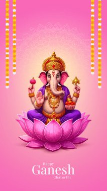 Ganesh Chaturthi hakkında Lord Ganpati. soyut vektör illüstrasyon tasarımı arka planı. Sanskritçe Tanrı Ganesh Mantra. Çeviri - Tanrım, kıvrımlı gövdesi olan, büyük gövdesi aura olan......