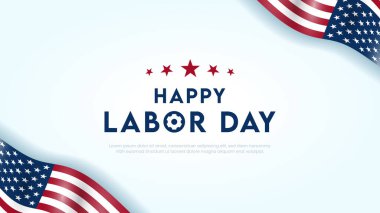 İşçi Bayramı bayrağınız kutlu olsun. ABD İşçi Bayramı için reklam pankartı. Gün doğumunda bulutlu bir gökyüzü olacak. Mutlu İşçi Bayramı: Amerikan bayrağı gururla dalgalanıyor, sıkı çalışmayı ve bağlılığı kutluyor.