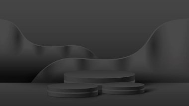 Soyut asgari sahne. Yumuşak malzeme tabanlı minimal podyum. Yumuşak podyum sahneleri ve kapakları yuvarlak ve kare şeklinde altın kaplamalı ürün sergi platformu. 
