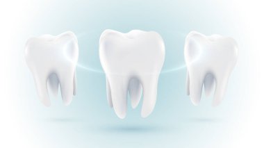 3D gerçekçi vektör sağlıklı parlayan diş. Diş bakımı, koruma ve beyazlatma. Diş bakımı, diş bakımı. Diş hizmetleri.