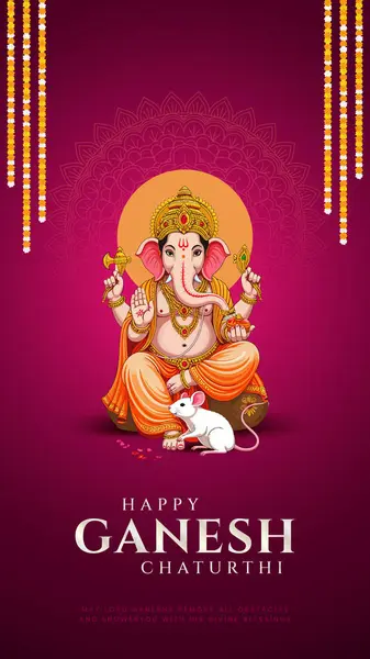 Ganesh Chaturthi hakkında Lord Ganpati. soyut vektör illüstrasyon tasarımı arka planı. Sanskritçe Tanrı Ganesh Mantra. Çeviri - Tanrım, kıvrımlı gövdesi olan, büyük gövdesi aura olan......