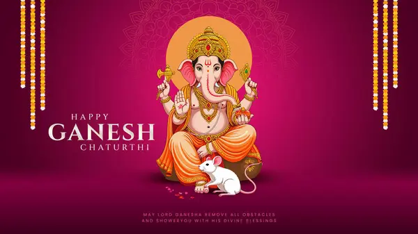 Ganesh Chaturthi hakkında Lord Ganpati. soyut vektör illüstrasyon tasarımı arka planı. Sanskritçe Tanrı Ganesh Mantra. Çeviri - Tanrım, kıvrımlı gövdesi olan, büyük gövdesi aura olan......