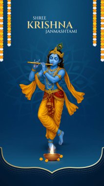 Renkli soyut arka plan vektör tasarımı ile mutlu Janmashtami. Krishna Janmashtami için illüstrasyon. Mutlu Janmashtami gerçekçi Lord Krishna vektörü.