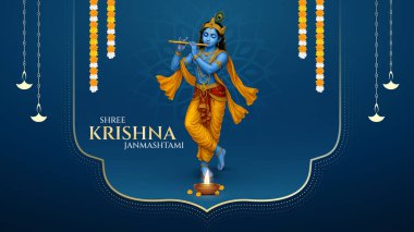 Renkli soyut arka plan vektör tasarımı ile mutlu Janmashtami. Krishna Janmashtami için illüstrasyon. Mutlu Janmashtami gerçekçi Lord Krishna vektörü.