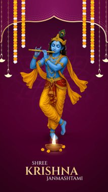 Renkli soyut arka plan vektör tasarımı ile mutlu Janmashtami. Krishna Janmashtami için illüstrasyon. Mutlu Janmashtami gerçekçi Lord Krishna vektörü.