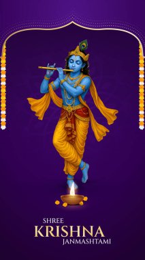 Renkli soyut arka plan vektör tasarımı ile mutlu Janmashtami. Krishna Janmashtami için illüstrasyon. Mutlu Janmashtami gerçekçi Lord Krishna vektörü.