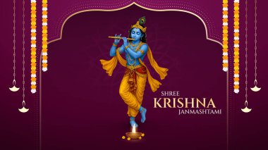 Renkli soyut arka plan vektör tasarımı ile mutlu Janmashtami. Krishna Janmashtami için illüstrasyon. Mutlu Janmashtami gerçekçi Lord Krishna vektörü.