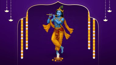 Renkli soyut arka plan vektör tasarımı ile mutlu Janmashtami. Krishna Janmashtami için illüstrasyon. Mutlu Janmashtami gerçekçi Lord Krishna vektörü.