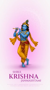 Renkli soyut arka plan vektör tasarımı ile mutlu Janmashtami. Krishna Janmashtami için illüstrasyon. Mutlu Janmashtami gerçekçi Lord Krishna vektörü.