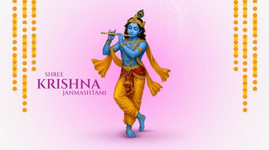 Renkli soyut arka plan vektör tasarımı ile mutlu Janmashtami. Krishna Janmashtami için illüstrasyon. Mutlu Janmashtami gerçekçi Lord Krishna vektörü.