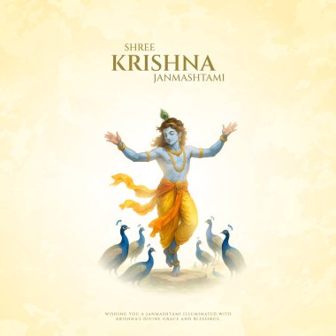 Renkli soyut arka plan vektör tasarımı ile mutlu Janmashtami. Krishna Janmashtami için illüstrasyon. Mutlu Janmashtami gerçekçi Lord Krishna vektörü.