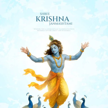 Renkli soyut arka plan vektör tasarımı ile mutlu Janmashtami. Krishna Janmashtami için illüstrasyon. Mutlu Janmashtami gerçekçi Lord Krishna vektörü.
