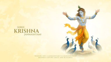 Renkli soyut arka plan vektör tasarımı ile mutlu Janmashtami. Krishna Janmashtami için illüstrasyon. Mutlu Janmashtami gerçekçi Lord Krishna vektörü.