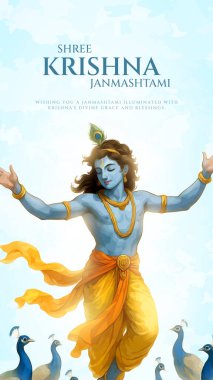 Renkli soyut arka plan vektör tasarımı ile mutlu Janmashtami. Krishna Janmashtami için illüstrasyon. Mutlu Janmashtami gerçekçi Lord Krishna vektörü.