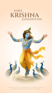 Renkli soyut arka plan vektör tasarımı ile mutlu Janmashtami. Krishna Janmashtami için illüstrasyon. Mutlu Janmashtami gerçekçi Lord Krishna vektörü.