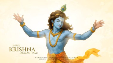 Renkli soyut arka plan vektör tasarımı ile mutlu Janmashtami. Krishna Janmashtami için illüstrasyon. Mutlu Janmashtami gerçekçi Lord Krishna vektörü.