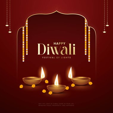 Mutlu bayramlar. Dekoratif diya lambasıyla renkli poster tasarımı festivali. Vektör çizimi. Hint ışık festivali Mutlu Diwali, tatil geçmişi, Diwali kutlaması.