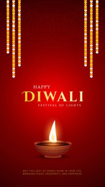 Mutlu bayramlar. Dekoratif diya lambasıyla renkli poster tasarımı festivali. Vektör çizimi. Hint ışık festivali Mutlu Diwali, tatil geçmişi, Diwali kutlaması.