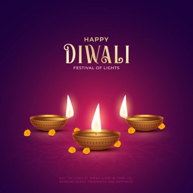 Mutlu bayramlar. Dekoratif diya lambasıyla renkli poster tasarımı festivali. Vektör çizimi. Hint ışık festivali Mutlu Diwali, tatil geçmişi, Diwali kutlaması.