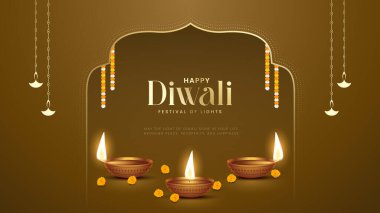 Mutlu bayramlar. Dekoratif diya lambasıyla renkli poster tasarımı festivali. Vektör çizimi. Hint ışık festivali Mutlu Diwali, tatil geçmişi, Diwali kutlaması.