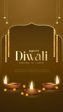 Mutlu bayramlar. Dekoratif diya lambasıyla renkli poster tasarımı festivali. Vektör çizimi. Hint ışık festivali Mutlu Diwali, tatil geçmişi, Diwali kutlaması.