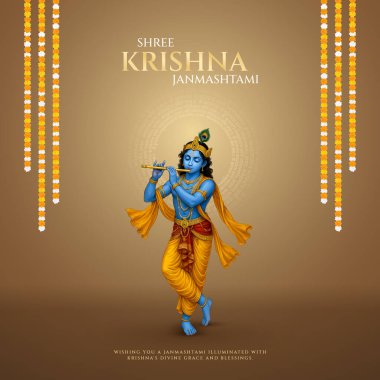 Renkli soyut arka plan vektör tasarımı ile mutlu Janmashtami. Krishna Janmashtami için illüstrasyon. Mutlu Janmashtami gerçekçi Lord Krishna vektörü.
