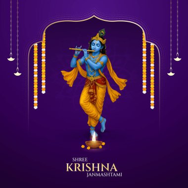Renkli soyut arka plan vektör tasarımı ile mutlu Janmashtami. Krishna Janmashtami için illüstrasyon. Mutlu Janmashtami gerçekçi Lord Krishna vektörü.