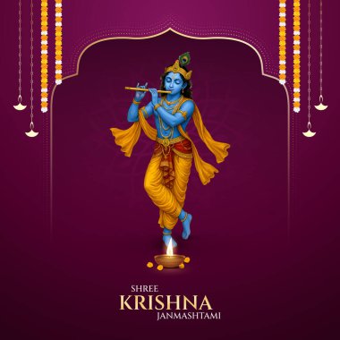 Renkli soyut arka plan vektör tasarımı ile mutlu Janmashtami. Krishna Janmashtami için illüstrasyon. Mutlu Janmashtami gerçekçi Lord Krishna vektörü.