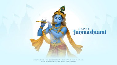 Renkli soyut arka plan vektör tasarımı ile mutlu Janmashtami. Krishna Janmashtami için illüstrasyon. Mutlu Janmashtami gerçekçi Lord Krishna vektörü.