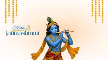 Renkli soyut arka plan vektör tasarımı ile mutlu Janmashtami. Krishna Janmashtami için illüstrasyon. Mutlu Janmashtami gerçekçi Lord Krishna vektörü.