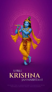 Renkli soyut arka plan vektör tasarımı ile mutlu Janmashtami. Krishna Janmashtami için illüstrasyon. Mutlu Janmashtami gerçekçi Lord Krishna vektörü.