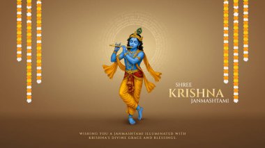 Renkli soyut arka plan vektör tasarımı ile mutlu Janmashtami. Krishna Janmashtami için illüstrasyon. Mutlu Janmashtami gerçekçi Lord Krishna vektörü.