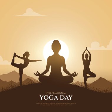 Uluslararası yoga günü. yoga vücut duruşu. Yoga yapan bir kadın. Vektör çizimi. 21 Haziran Uluslararası yoga günü vektör posteri