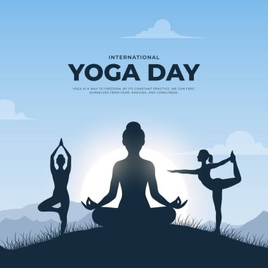 Uluslararası yoga günü. yoga vücut duruşu. Yoga yapan bir kadın. Vektör çizimi. 21 Haziran Uluslararası yoga günü vektör posteri